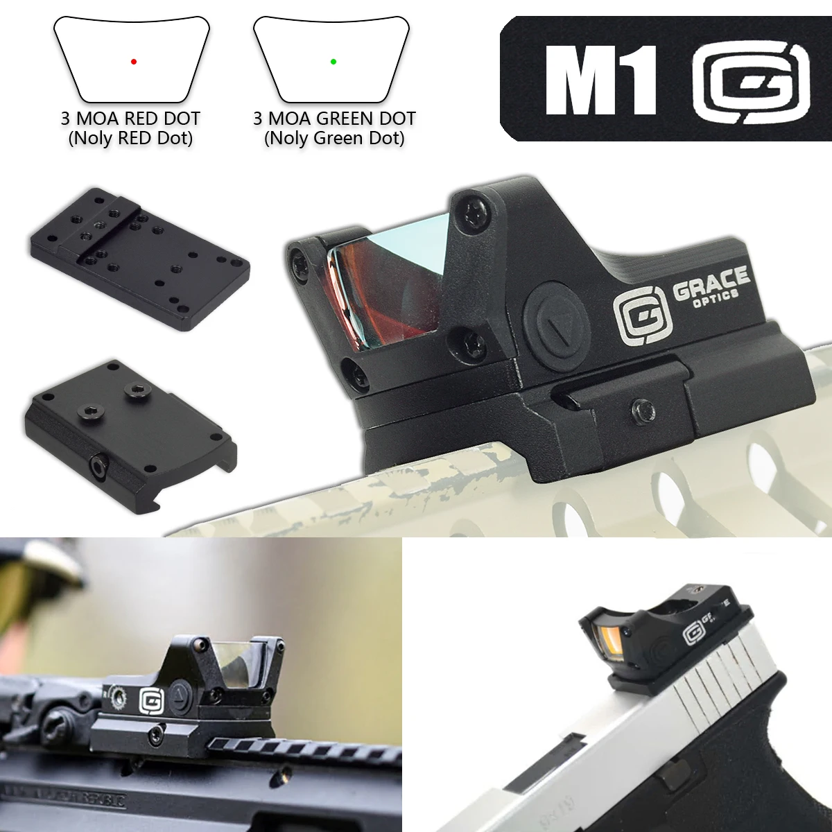 

Tactical Grace M1 Red Green Dot Sight Holographic 3MOA Reflex Hunting Trijicon RMR Riflescope Airsoft Pistol Glock 17 1913 Mount