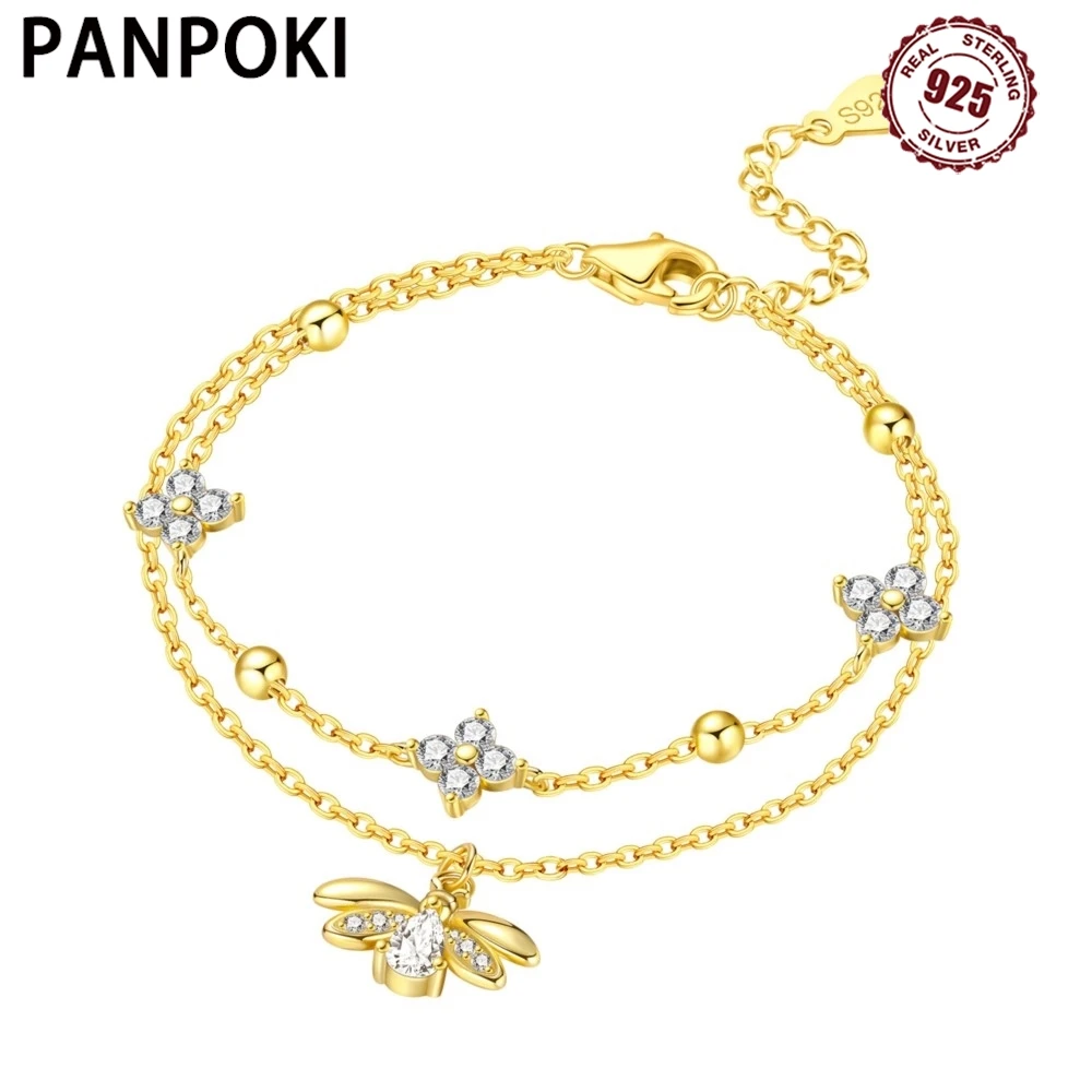 PANPOKI New 925 Sterling Silver Firefly Insect Double Layer Bracelet Chain Link Women Bracelet Jewelry Party Trendy Gifts