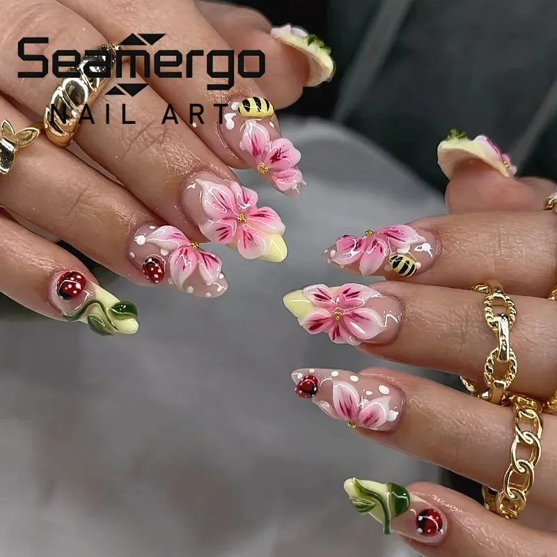 

24PCS Cute Ladybug Patterns Yellow French False Nails Summer Pink 3D Flowers Almond Fake Nails for Women Wearable Nails Press On
