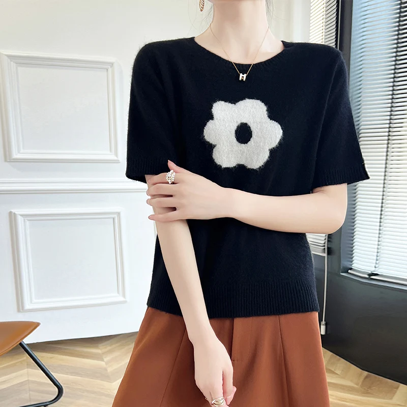 Модный женский свитер из 100% мериносовой шерсти с круглым вырезом, модный вязаный свитер с цветочным принтом, пуловер с короткими рукавами, кашемировый мягкий удобный топ одежды