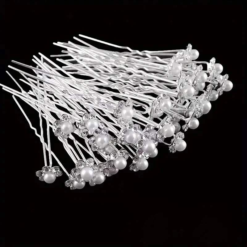 20 Pcs/set Bridal Headwear Pins Pearl Flower Luxurious Inlaid Diamond Hairpin Sweet Romantic U-shaped Curly Hair Fork Hair Clip