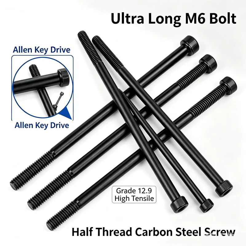 Grade 12.9 M6 Black Hex Socket Head Cap Screw Ultra Long 100 105 110 115-400mm Half Thread Carbon Steel Allen Bolt