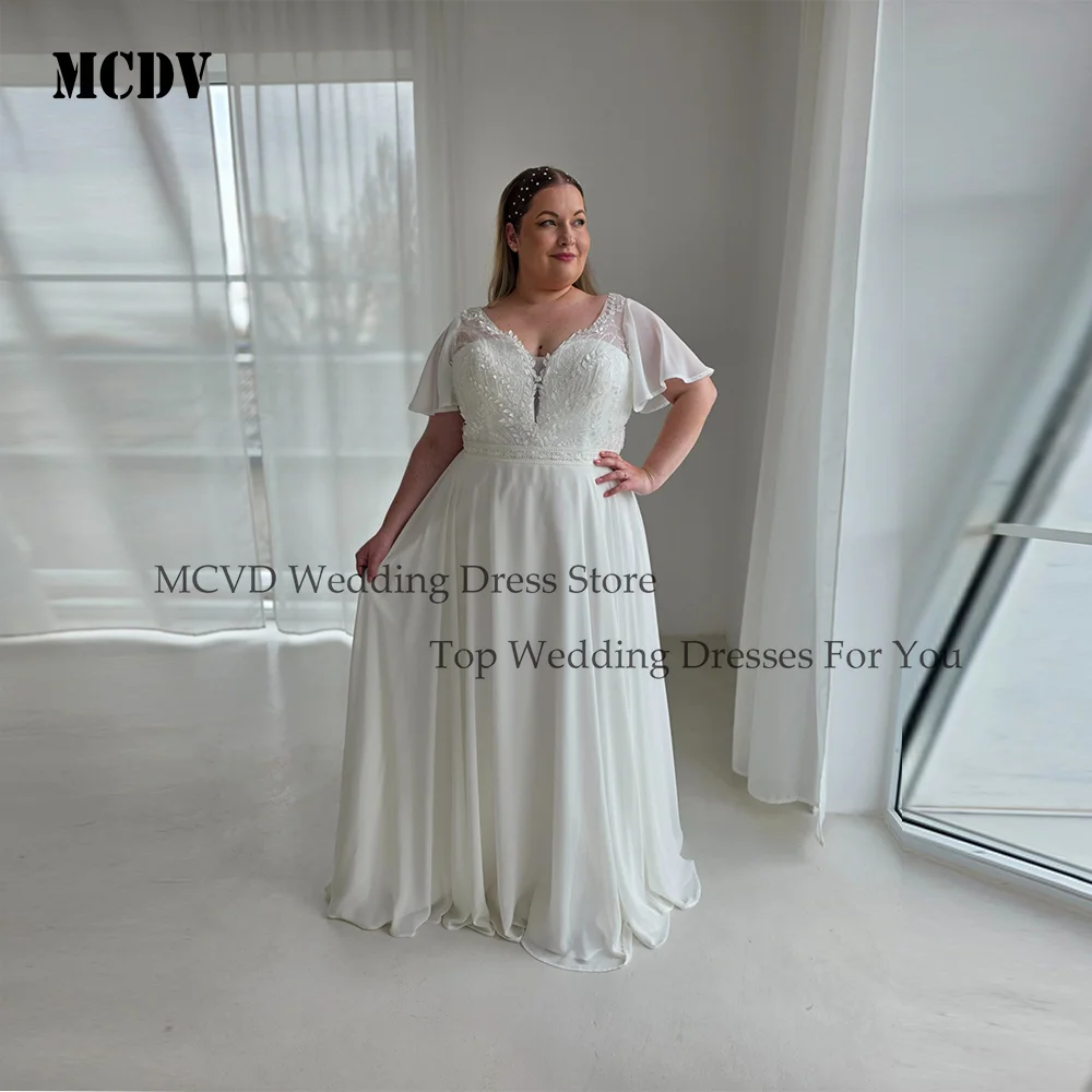 

MCDV Civil Plus Size Wedding Dresses For Women Applique V-Neck Chiffon Bride Gowns Short Sleeve Boho vestido de novia Customized