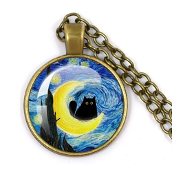 Van Gogh Art Cat Silhouette Moon Circular Glass Necklace Painting Cartoon Glas Dome Base Necklaces for Women