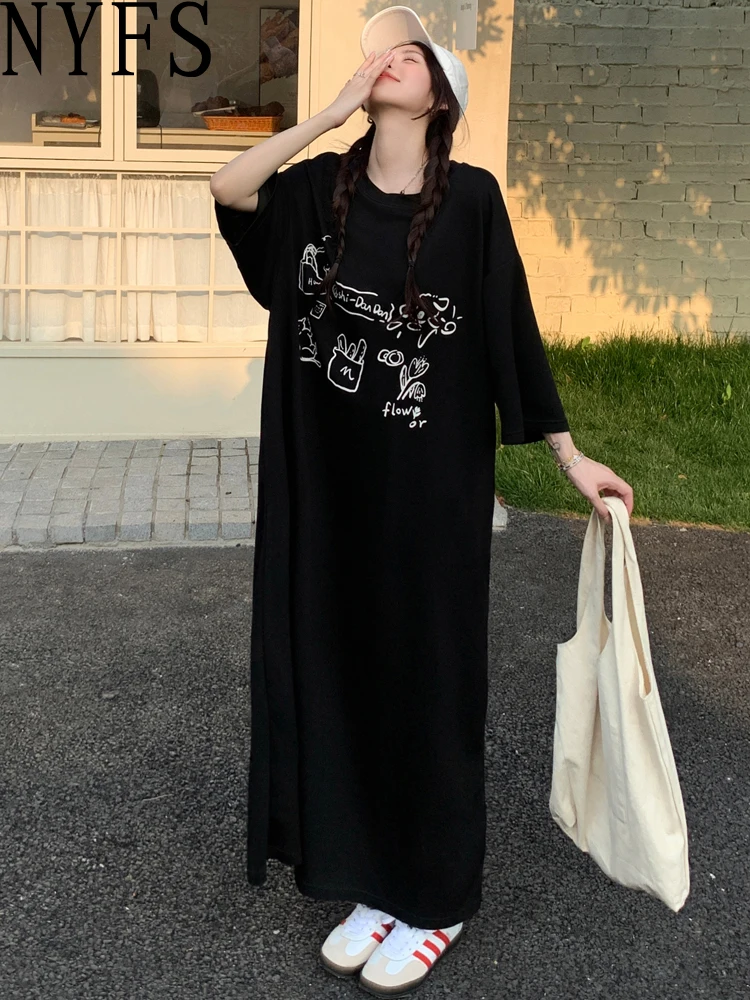 NYFS 2025 فستان صيفي نسائي مطبوع على الطراز الكوري فضفاض مقاس كبير بأكمام قصيرة فستان طويل رداء Elbise