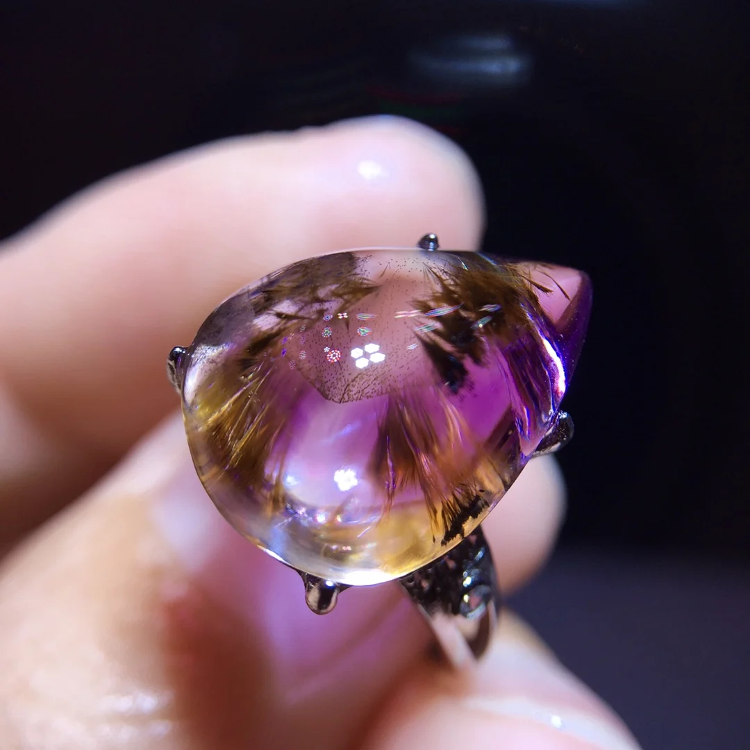 

Natural Purple Cacoxenite Rutilated Adjustable Ring 16.7/12mm Fashion Gift Auralite 23 Ring Healing AAAAA