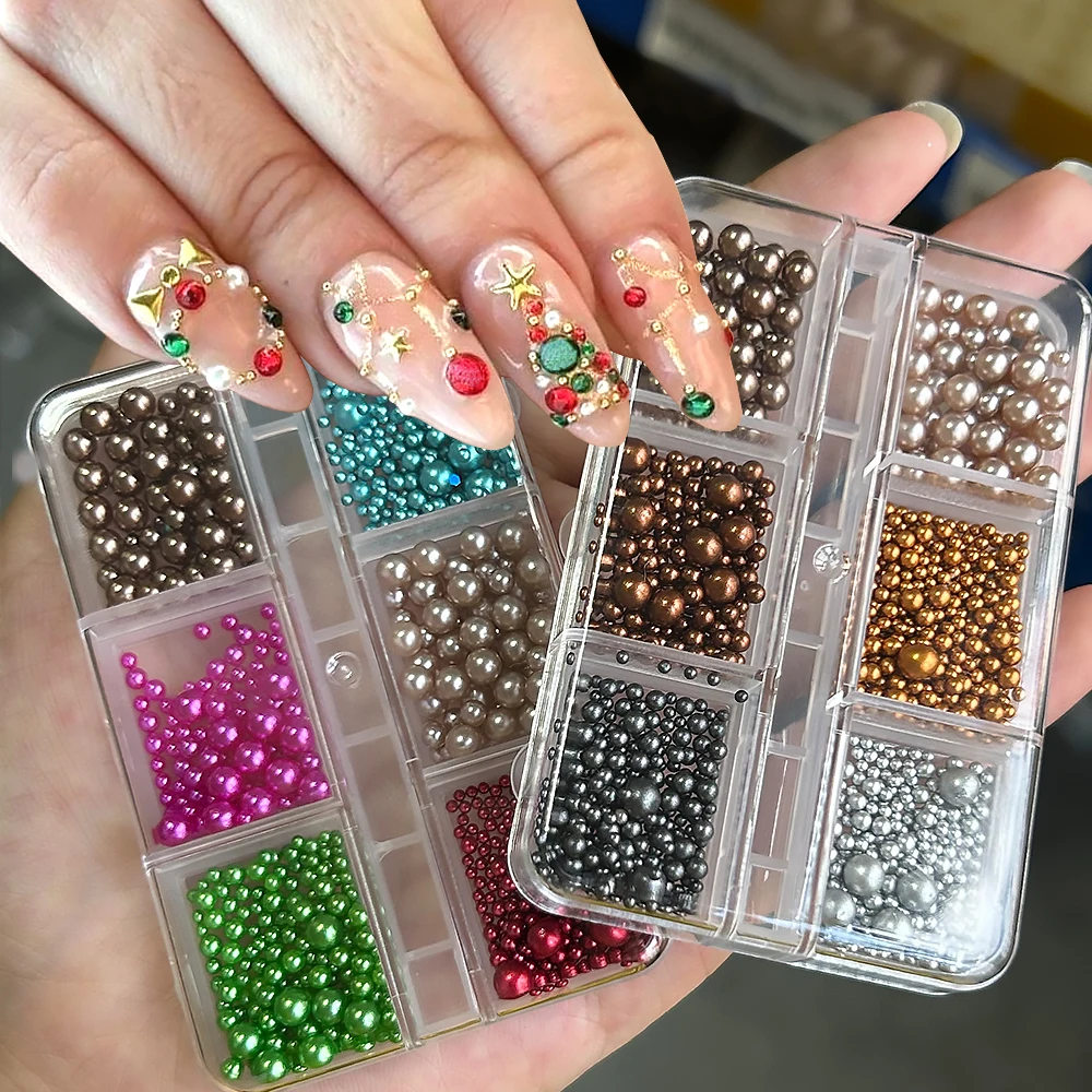 6 شبكات عيد الميلاد الملونة اللؤلؤ ثلاثية الأبعاد مسمار السحر مختلط الحجم الأخضر الأحمر عالية اللمعان اللؤلؤ مسمار حبة مهرجان مسمار الزينة أجزاء