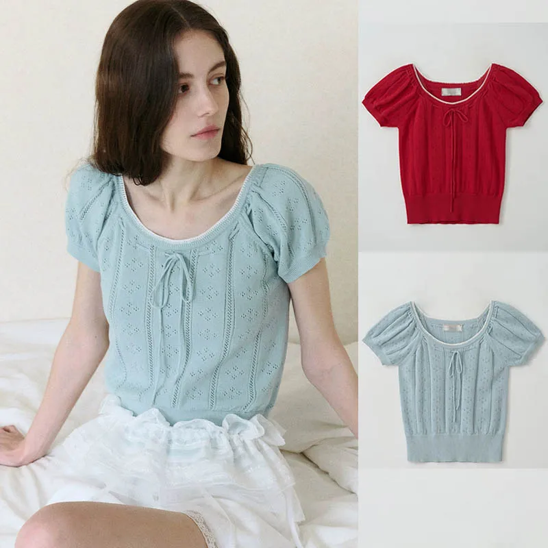 

Женский вязаный свитер Sweet Girl Feel 25 Spring Summer с круглым вырезом, кружевными вставками и рукавами-фонариками, MICOAT Pure Original