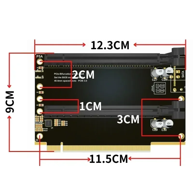 Imagem -05 - Pcie-bifurcation X16 para x8 Cartão de Expansão Gen3 Pci Express 3.0x16 Adapter Card Sata Power Port Split Card 40.4 mm Espaçado Slots