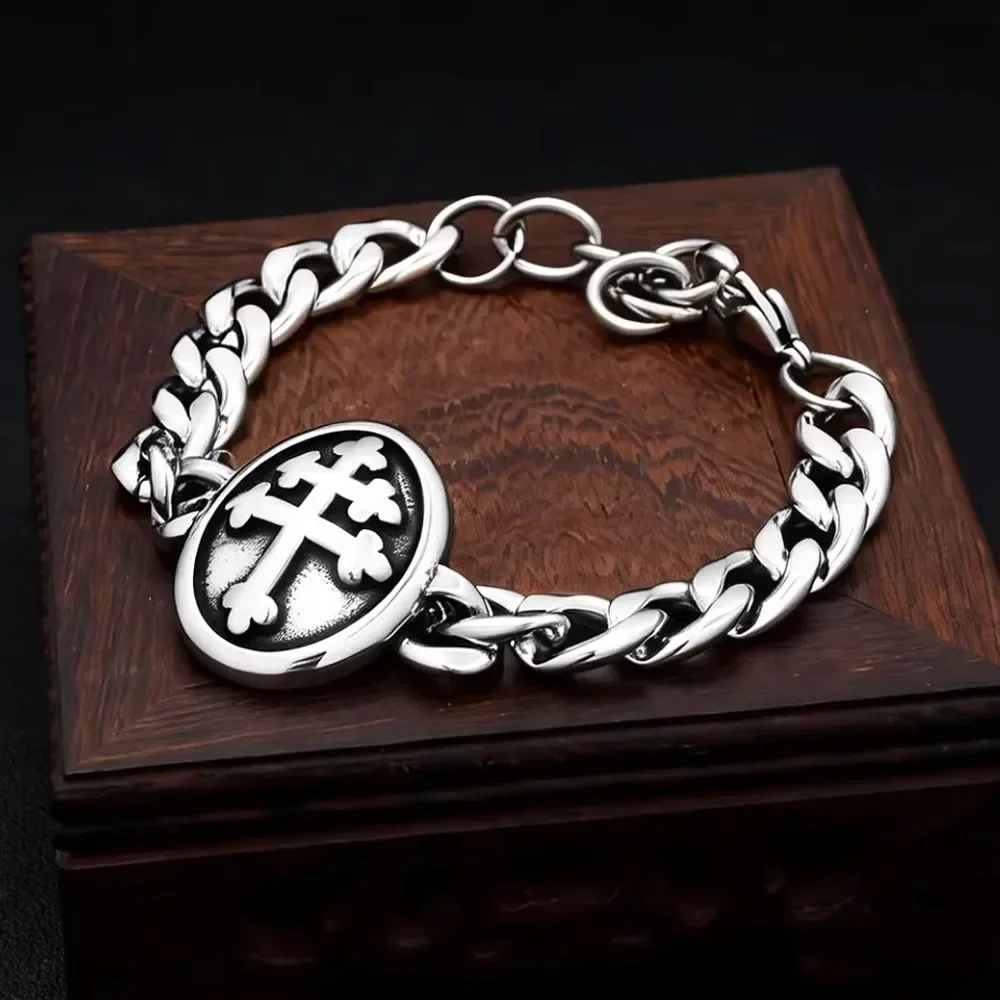 Vintage Templar Order Iron Cross Bracelet Stainless Steel Cuban Link Chain For Men Women Gothic Punk Biker Fashion Jewelry
