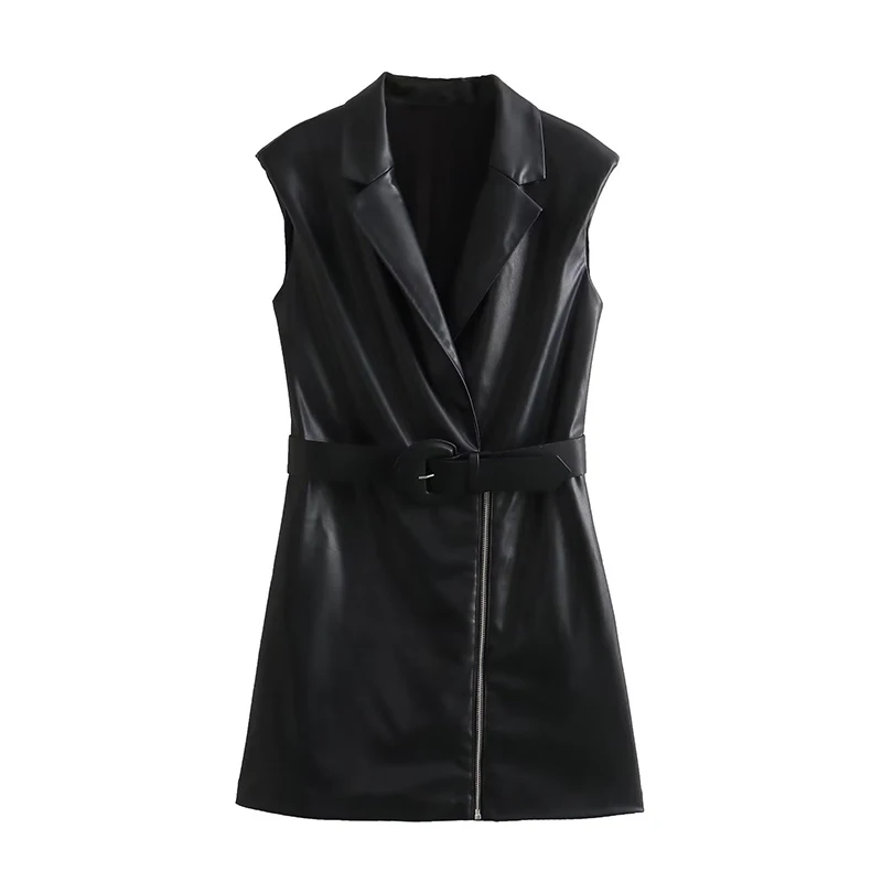 

New Autumn Women With Belt Black Faux Leather Vest Dress Mini Vestido