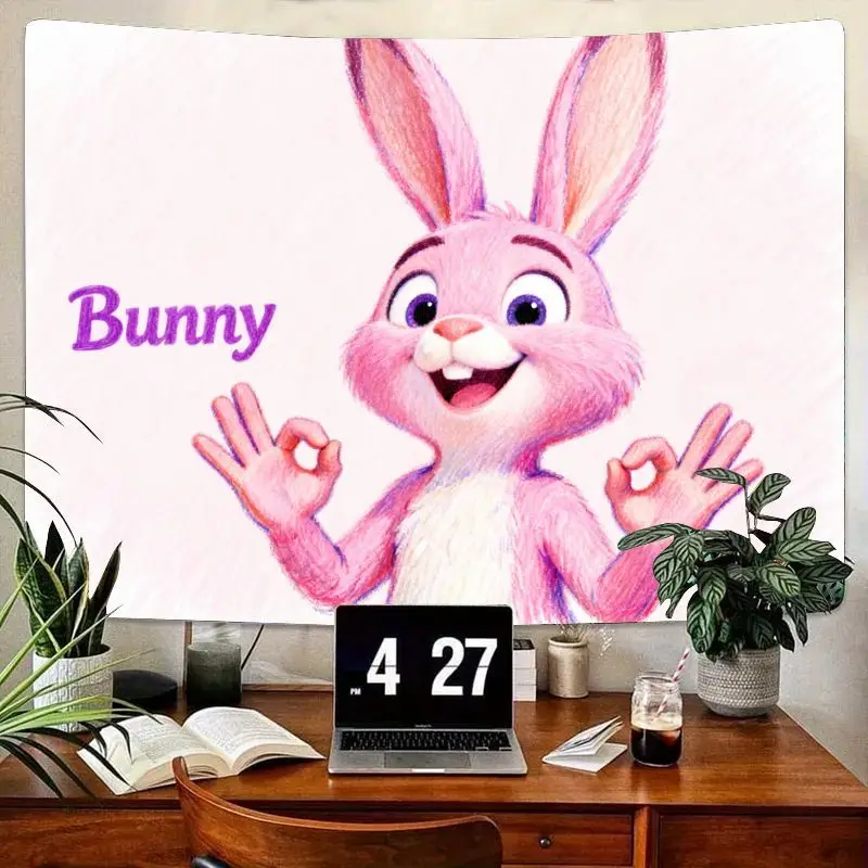 

1 шт. розовый гобелен с кавайным кроликом, счастливый мультяшный кролик, настенный художественный декор для детей, девочек, спальни, гостиной, современный подарок из полиэстера