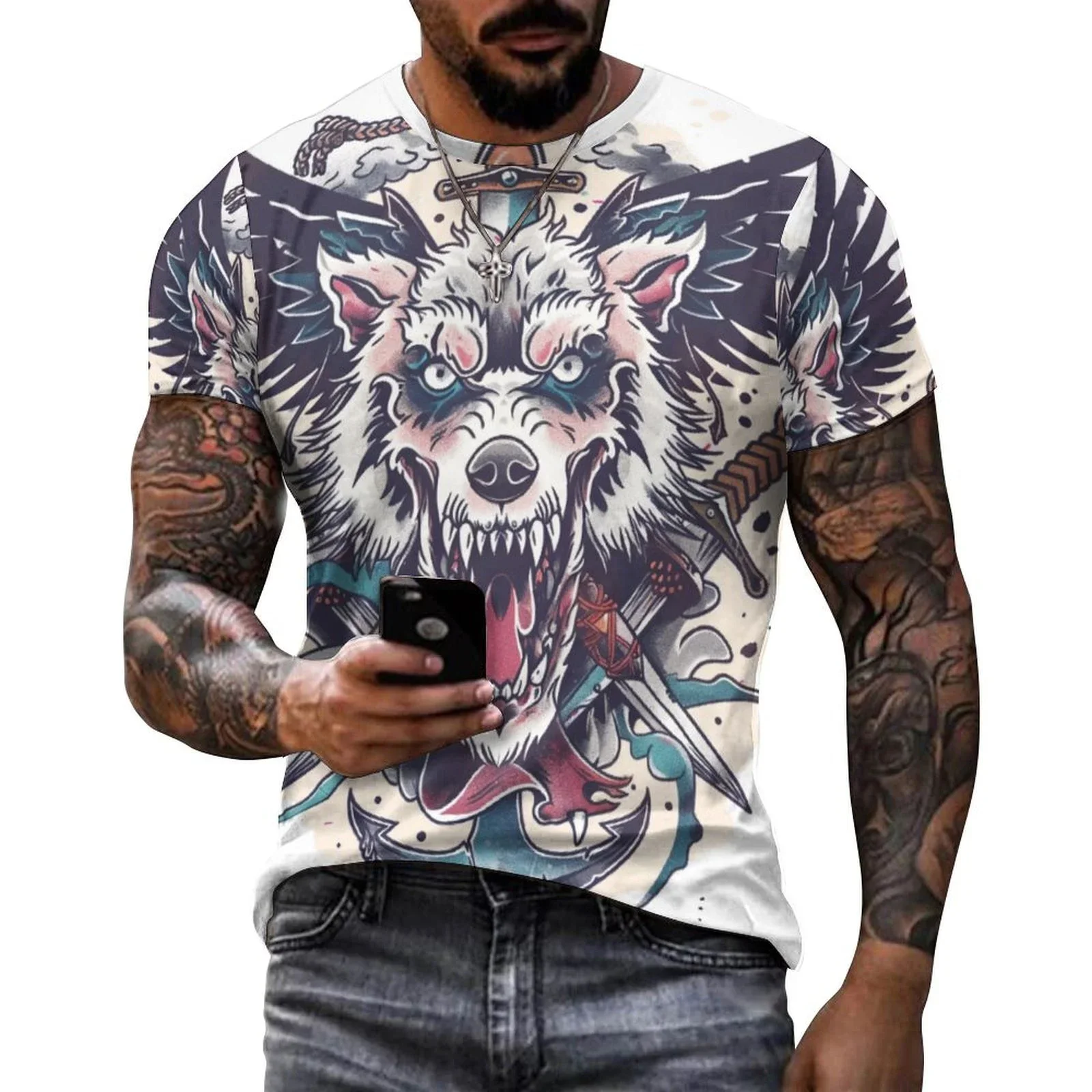 2024 Men's 3D Graffiti Wolf Head Pattern T-shirt, Casual Cool Micro Stretch Breathable T-shirt, Outdoor Summer Men's Wear