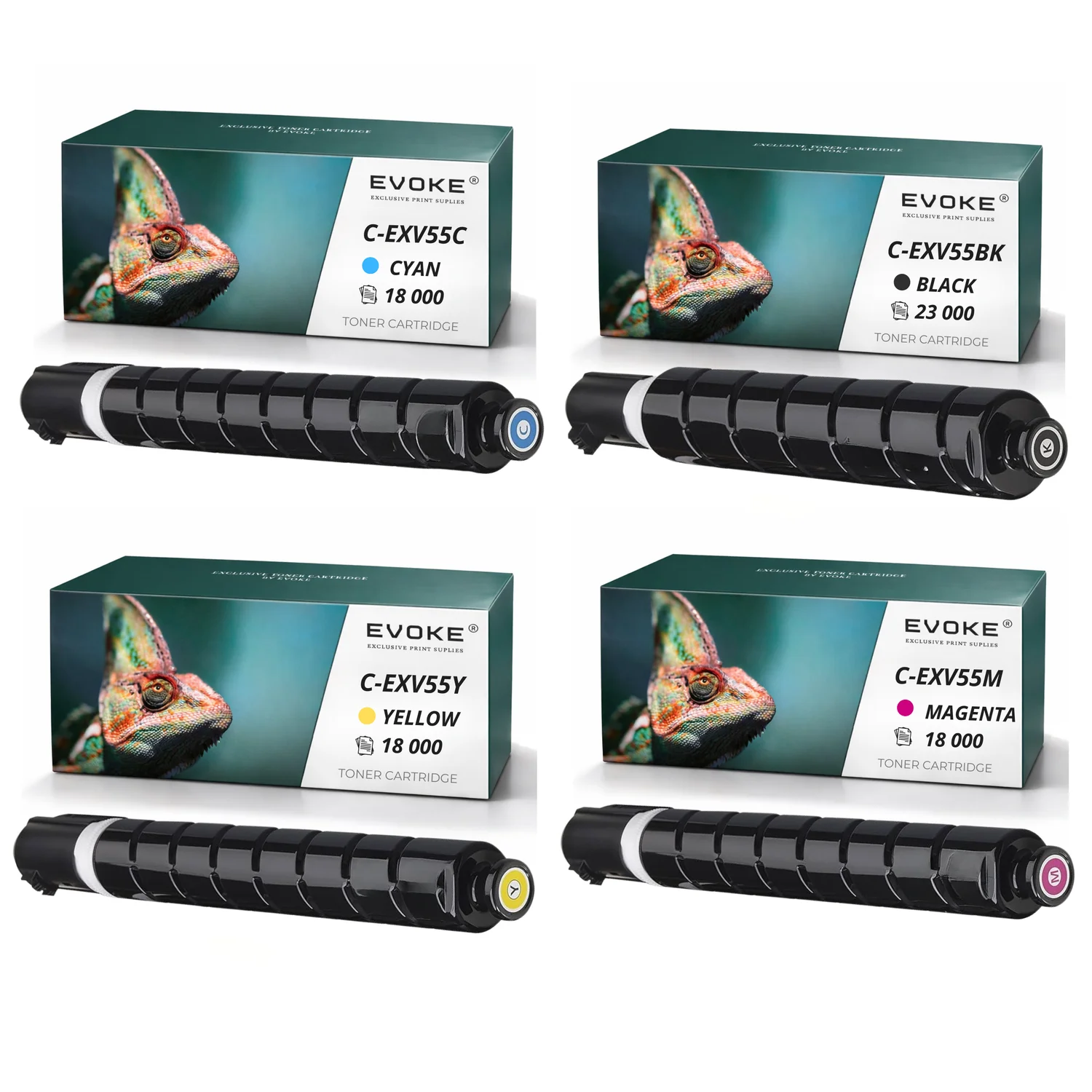 Evoke compatibele toner voor Canon C-Exv55 Cexv55 4X Cmyk: Zwart, Cyaan, Magenta, Geel 77000 pagina's Imagerunner Advance C256I C256I Ii C256I Iii C356I C356I Ii C356P; Dx C257I C357I C357P