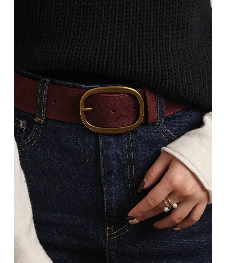 Trendy 4.3cm Wide Women Genuine Leather Belt Classic Gold Buckle Skinny Waistband Vintage Suede Cowhide Belt for Dresses & Coat