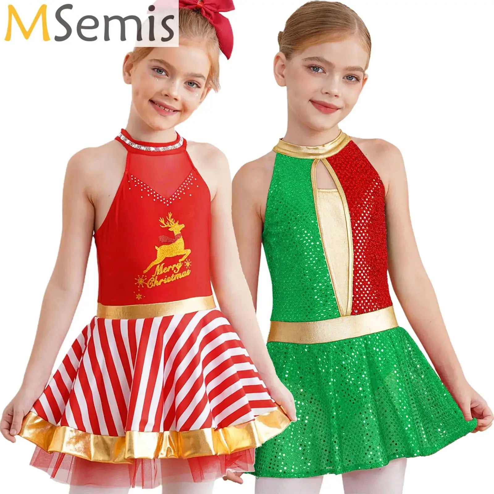 

Kids Girls Christmas Santa Elk Costume Halter Neck Sequins Stripes Ballet Dance Skating Tutu Dress Xmas Party Candy Cane Clothes