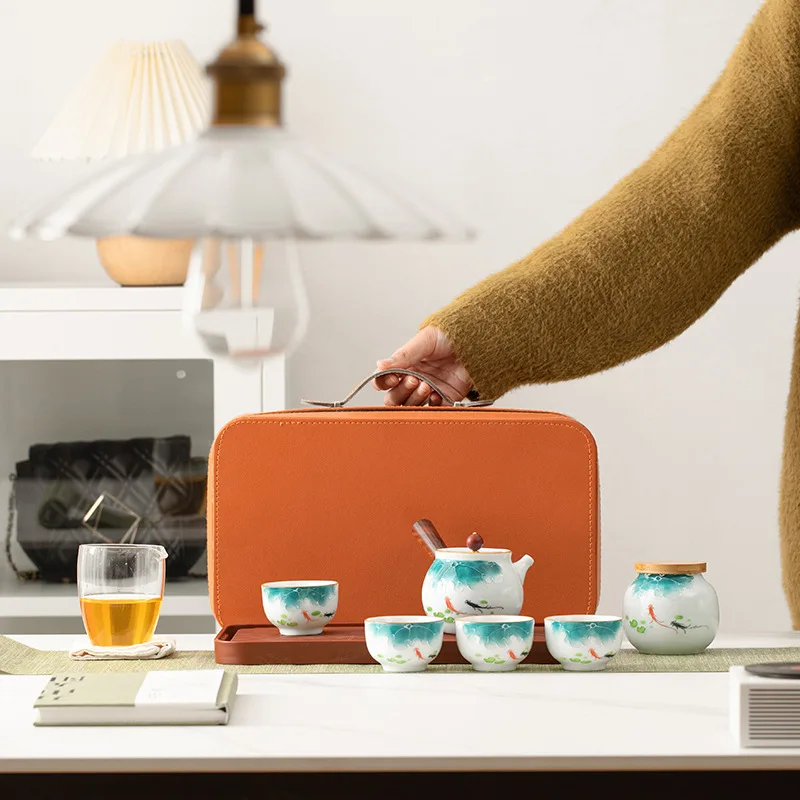 

Guochao Hand-painted Ceramic Kuaike Travel Tea Set Outdoor Portable Side Handle Teapot Teacup Teacup Underglaze Gift