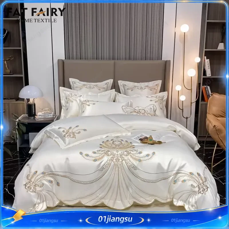 Luxury Gold Feather Embroidery Egyptian Cotton Duvet Cover Set Champagne Light Yellow Patchwork Bedding Sets Queen King Size