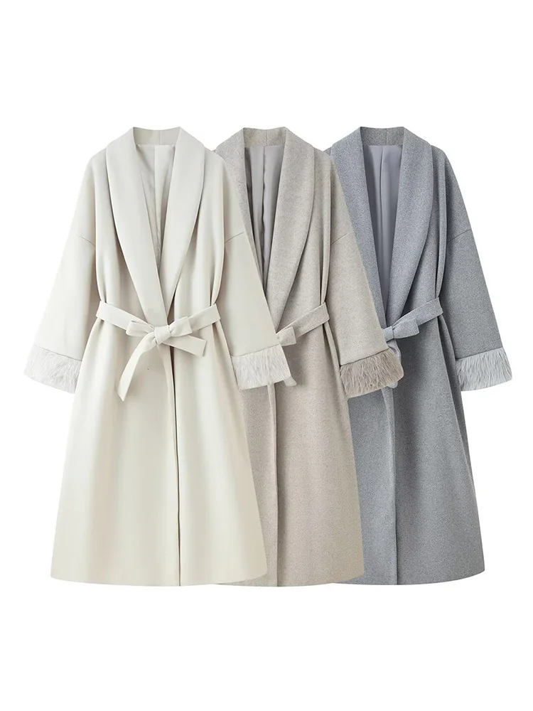 HH Woman Fashion Long Sleeves Lace-up Belt Decoration Winter Long Coat Female Commuting Pockets Furry Cuffs Solid Loose Coat