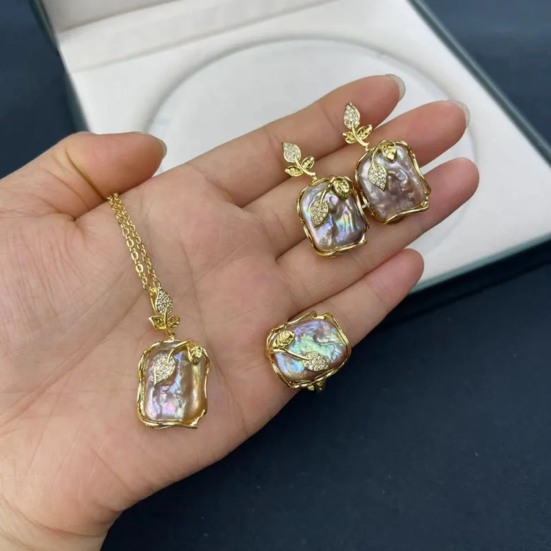 

Natural Freshwater Pearl Women'S Necklace, Earrings, Rings, Jewelry Set Handmade Rhinestones Exquisite Accessories Free Shipping