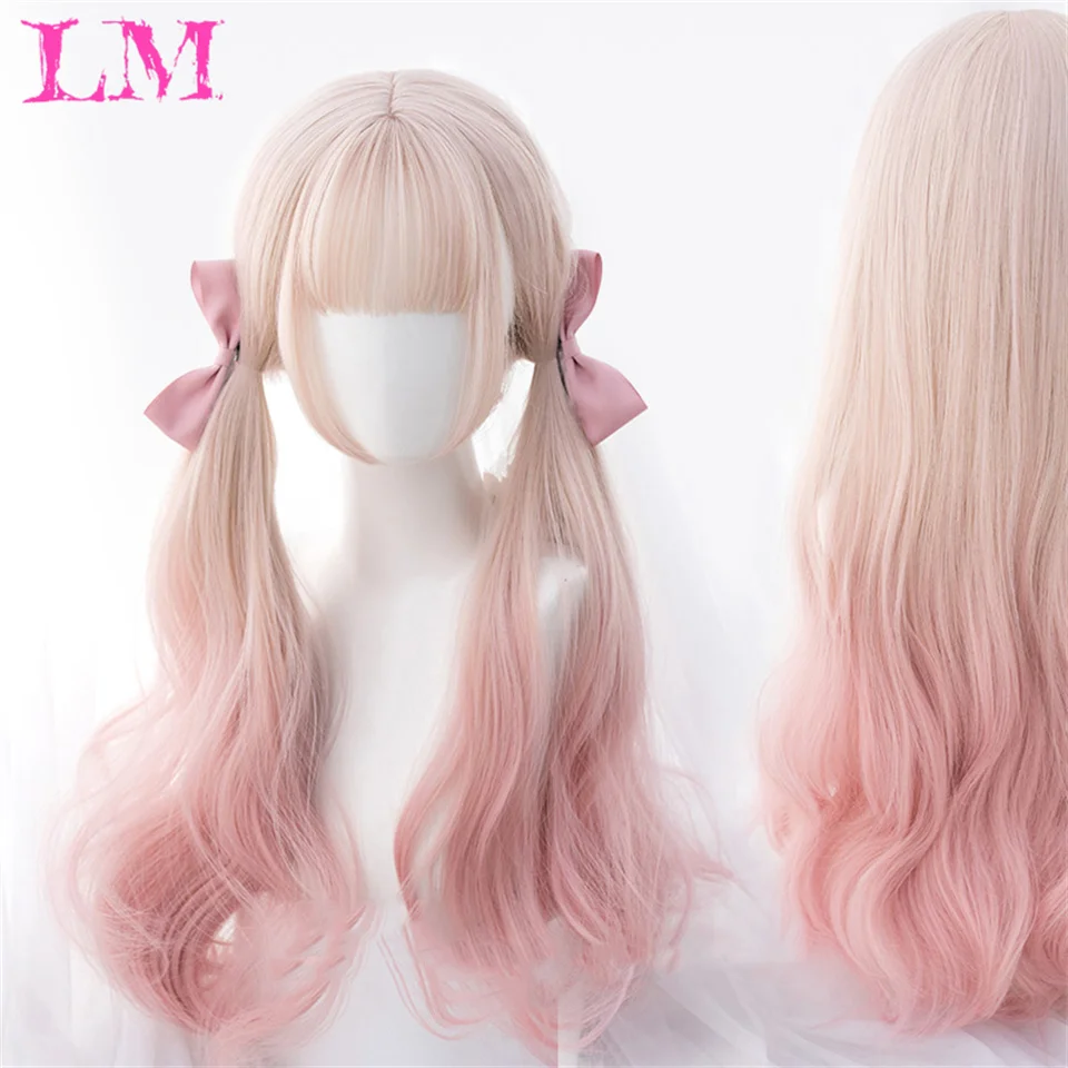 LM Blonde Unicorn Synthetic Ombre Mixed Pink Blond Long Wavy Wigs with Bangs Cosplay Party UseHeat Resistant Fiber for Women