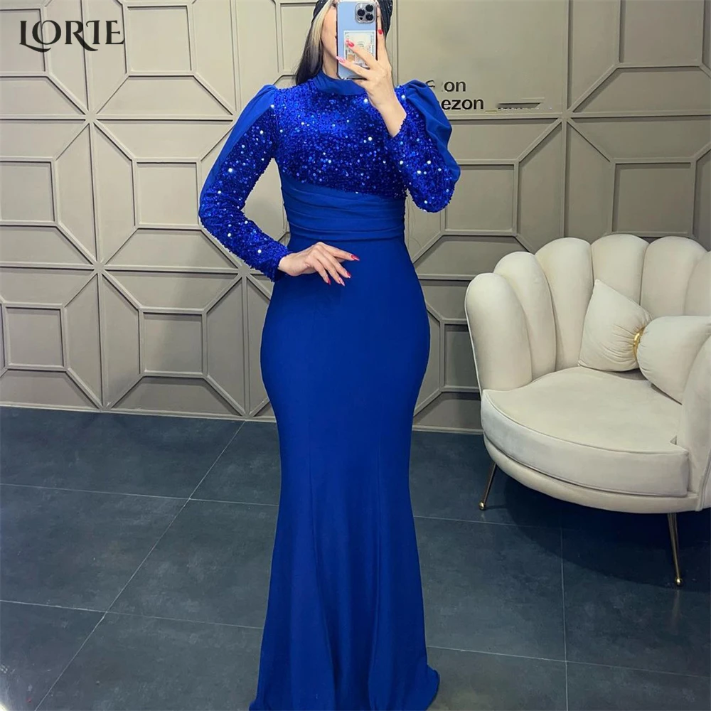 

LORIE Royal Blue Mermaid Evening Dresses Glitter Long Sleeves Elastic Satin Prom Gowns Sprkly Sequins Bride Celebrity Party Gown