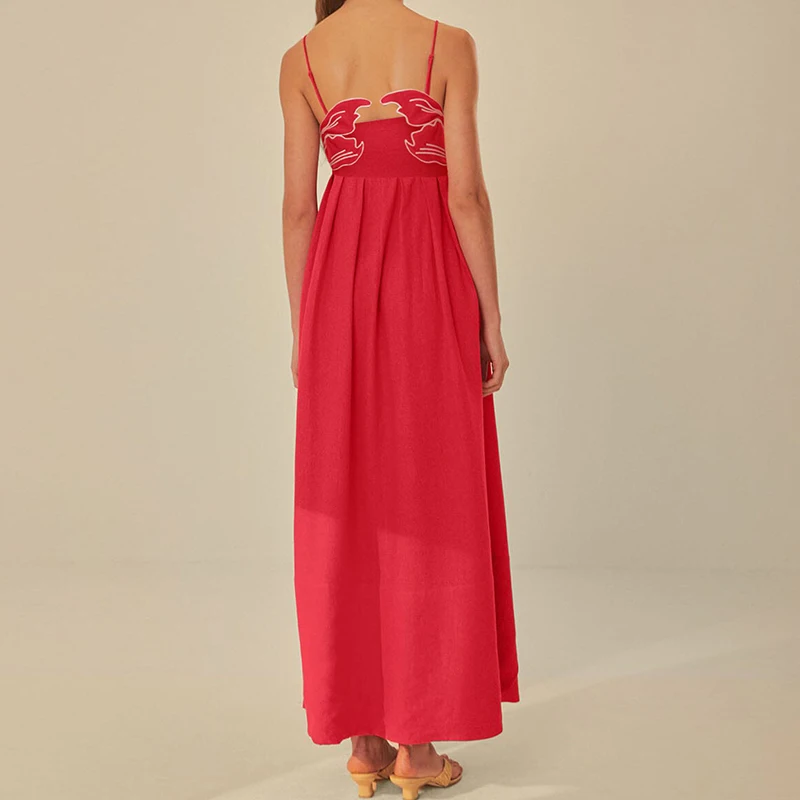 여성 잉어 롱 캐미 드레스 Y2k 자수 스파게티 스트랩 플로위 맥시 드레스 여름 휴가 비치 V넥 백리스 선드레스