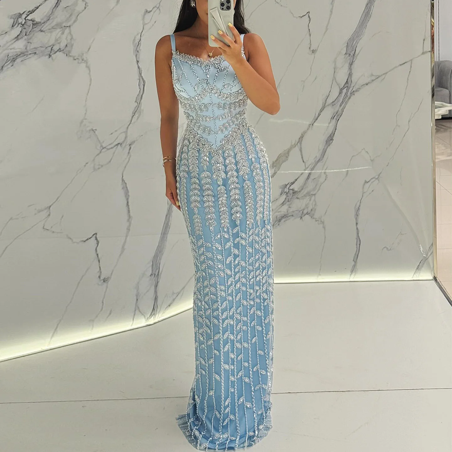 Sharon Said Dubai Spaghetti Straps Blue Luxury Blue Evening Dress for Women Arabic Long Specical Occasion Dress SS694 Customized image 2