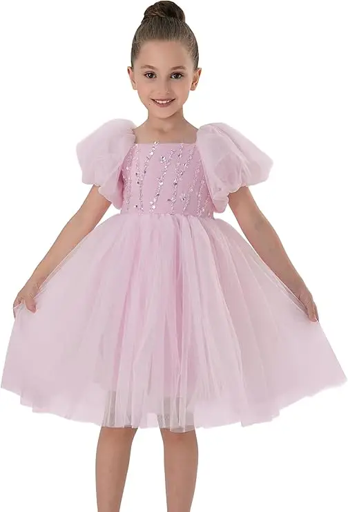 

Snvdzo Girls Puff Sleeve Sequin Bodice Tulle Bow Back Dress For Wedding Birthday Evening Party Prom Banquet Dress 2026