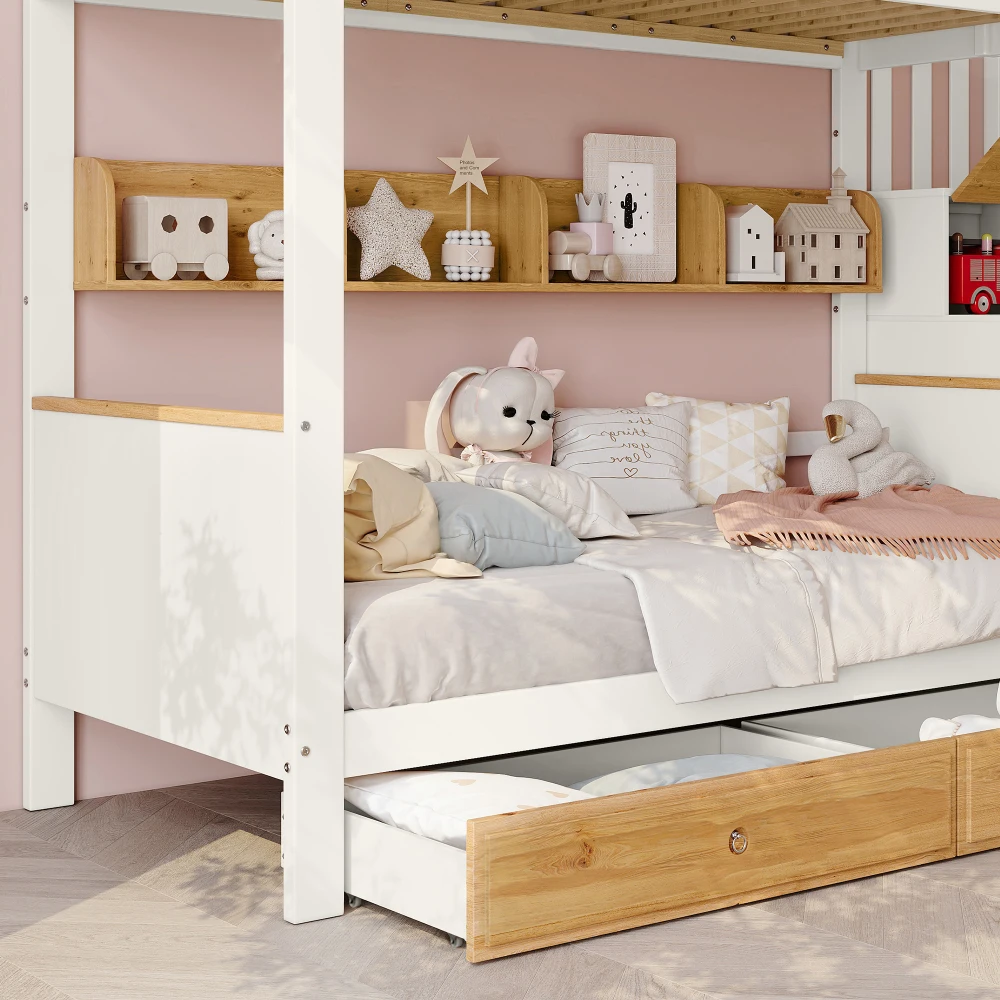 PINGGO Weißes Naturholz-Etagenbett 90x200cm mit Stauraum-Treppe, 4 Schränken, 2 Schubladen, offenem Regal, Fallschirmgitter, Kiefer+MDF, ohne Matratze – Detail 20