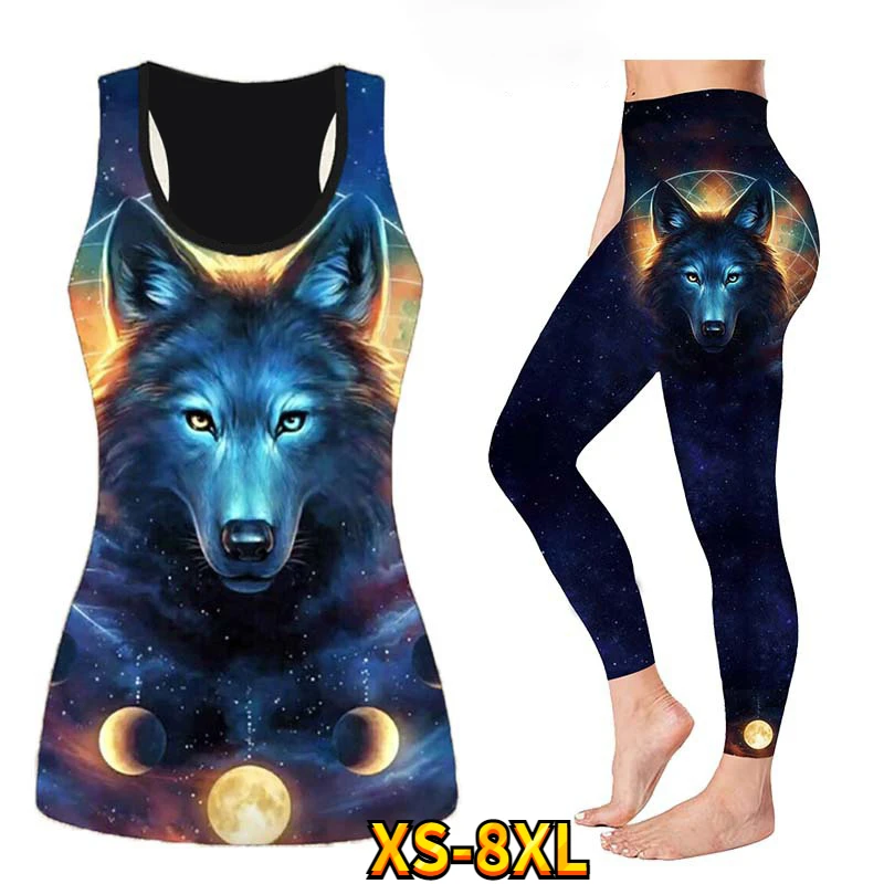 

Women Fashion Wolf Camouflage Printed Art Summer Sleeveless Summer Tank Vest Top and Women Openwork Leggings Yoga Suit XS-8XL