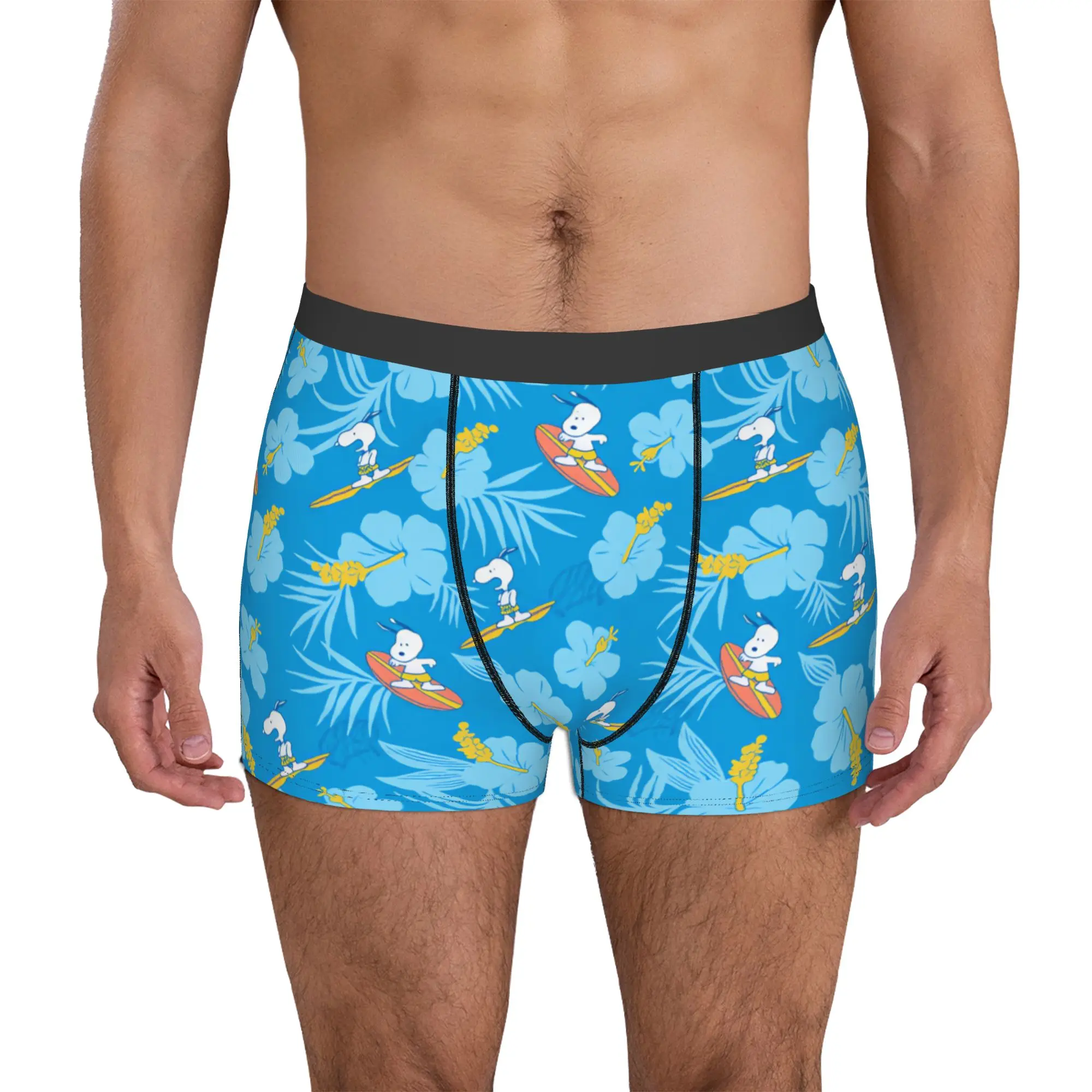 

Male Funny Snoopy Surfing on Blue Floral Wallpaper Underwear Boxer Briefs Soft Shorts Panties Underpants