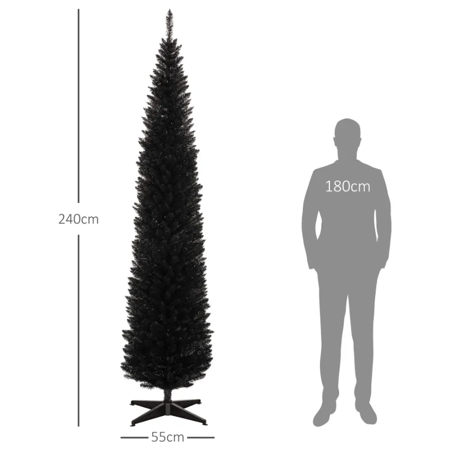 HOMCOM 8 Fuß künstlicher Bleistift-Weihnachtsbaum, schmaler Weihnachtsbaum mit 618 realistischen Zweigspitzen und Kunststoffständer, Schwarz