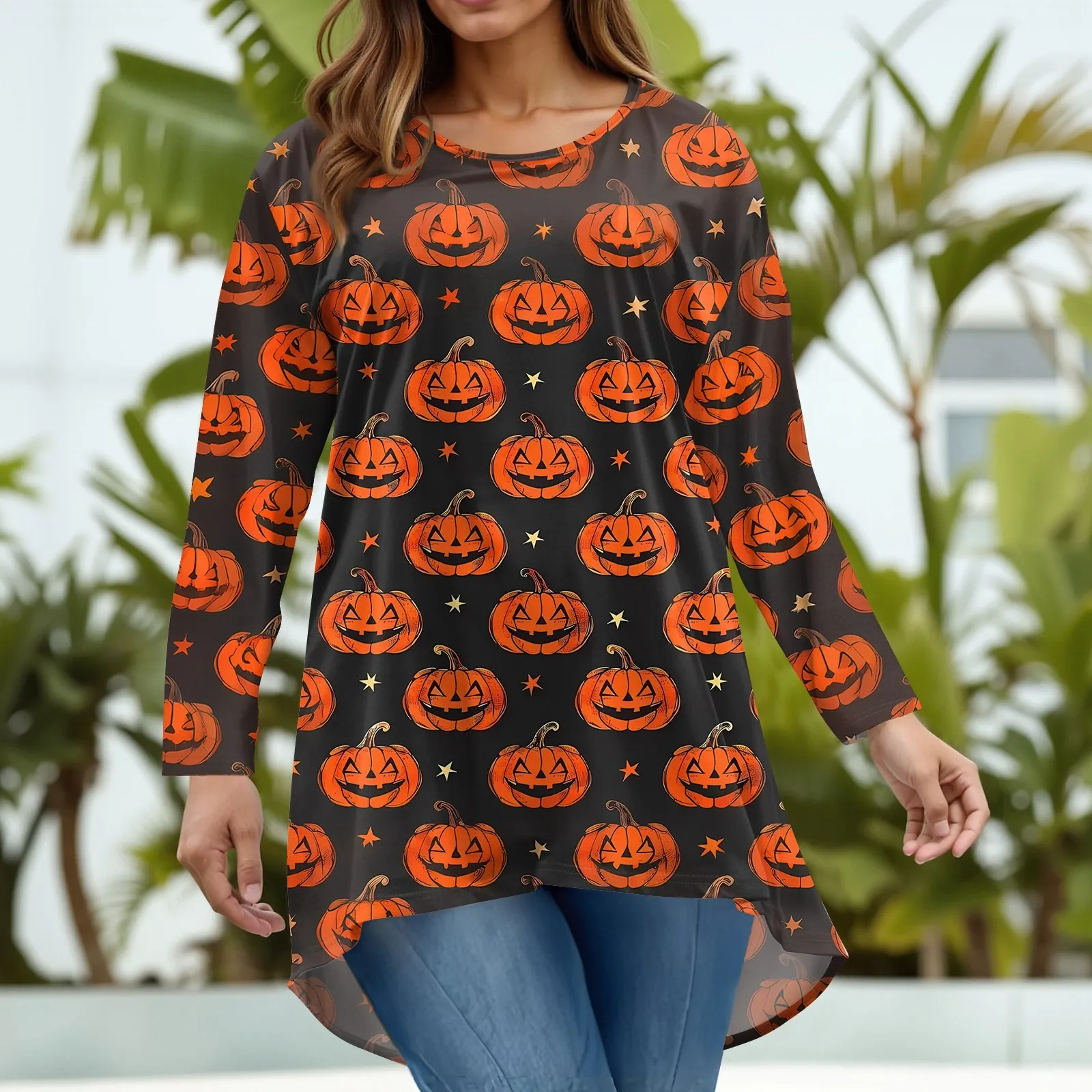 Plus Size Halloween Print T-Shirt for Women Fashion Round Neck Long Sleeve Casual Loose Pullover Top Halloween Party Costumes