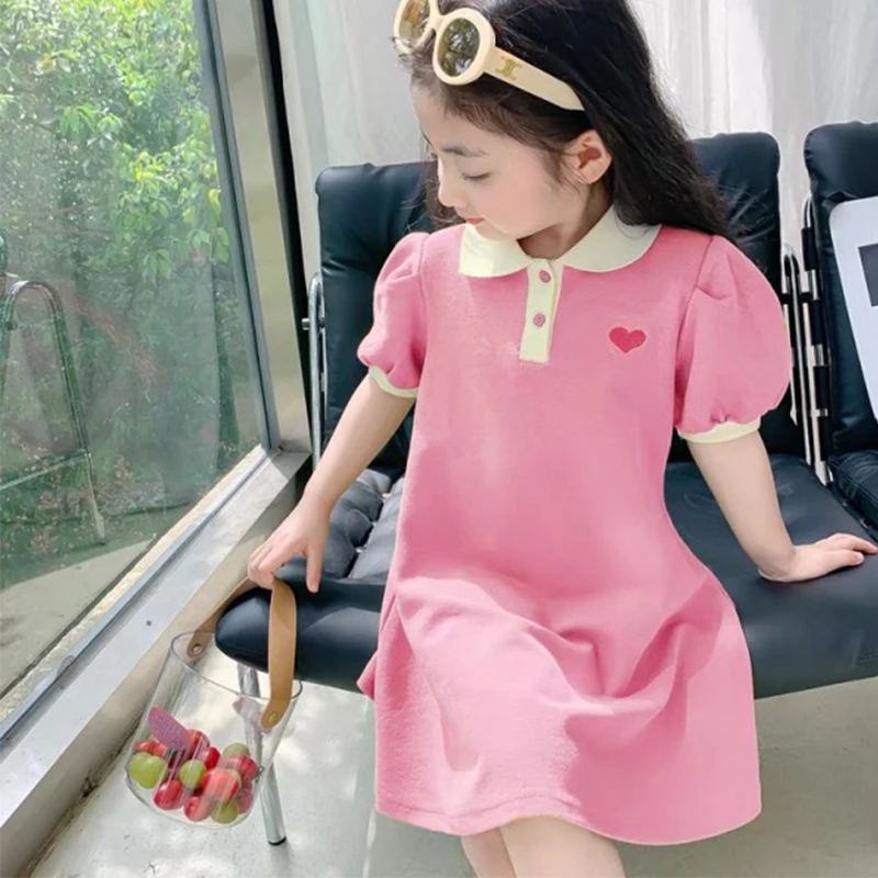 

1pcs Summer Children Puff Sleeve Dress Girl Short Sleeves Turndown Collar Dress Kid Princess Dress Baby Fashion Sweet Cute Skirt