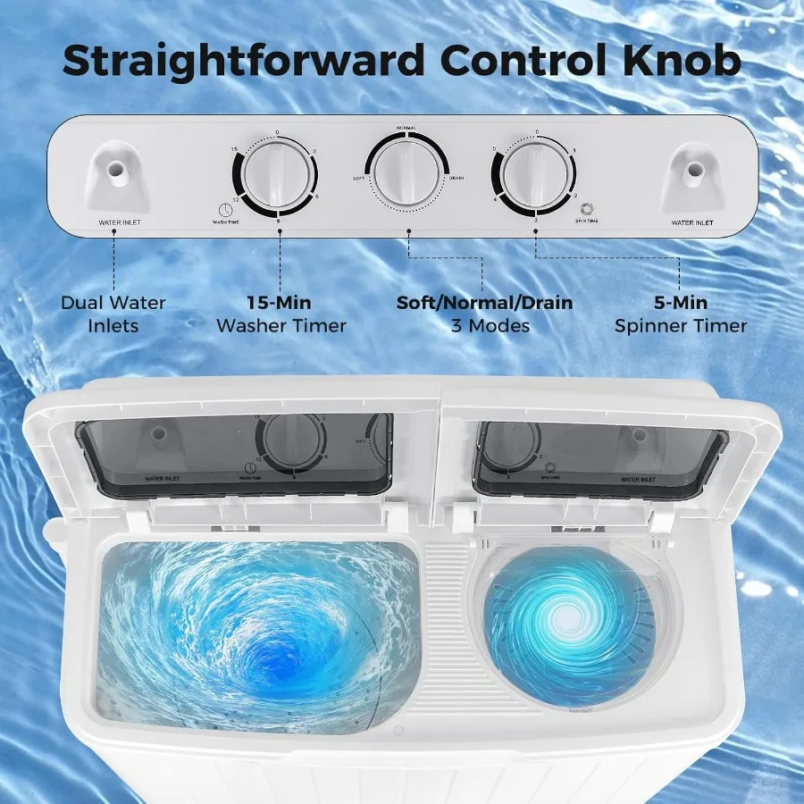 حوض مزدوج للغسالة المحمولة بسعة إجمالية 20 رطلاً يتميز بغسالة غسيل مدمجة بوزن 12 رطلًا ودوارًا (8 رطل) متينة