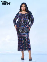 Yesexy New Plus Size Birthday Party Dress Square Neck Long Sleeved Midi Length Sequin Evening Gown Cocktail Prom Dress