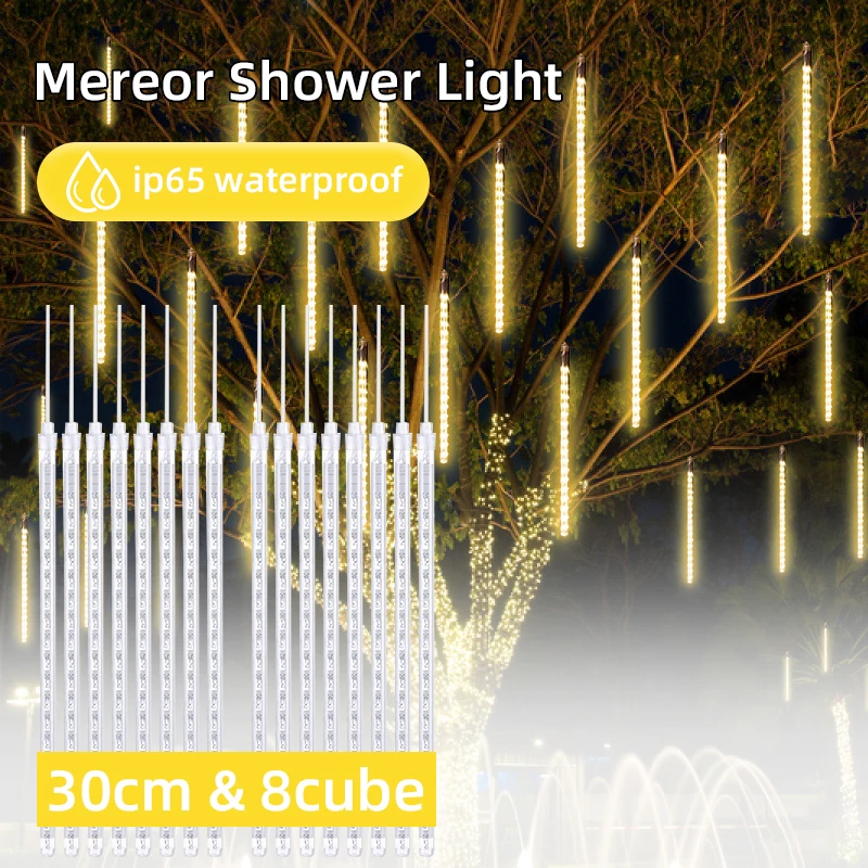 30CM LED Meteor Shower Rain Lights Waterproof Falling Raindrop Fairy String Light for Christmas Holiday Party Patio Decor