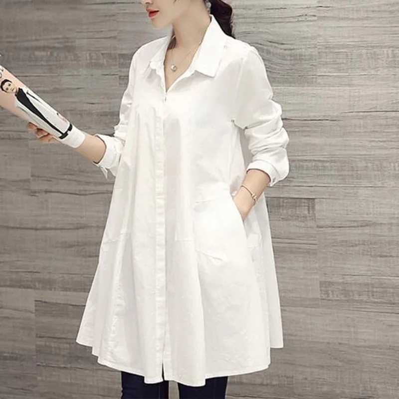

Women's Clothing White Shirt Long Sleeve Korean Style Loose Fit Mid-Length Office Wear Spring Autumn New Fashion Blouse