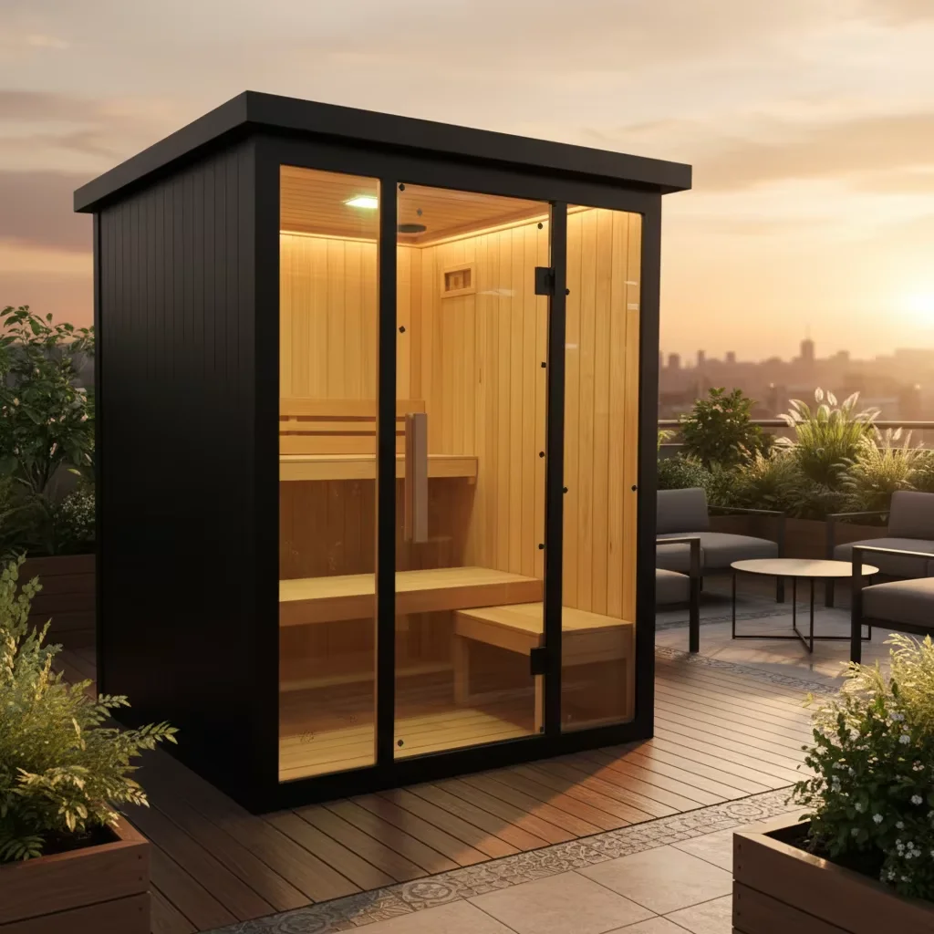 Factory Supply 2 Person Modern Electric Solid Wood Outdoor Steam Sauna Room for Villa with Panoramic Glass Window