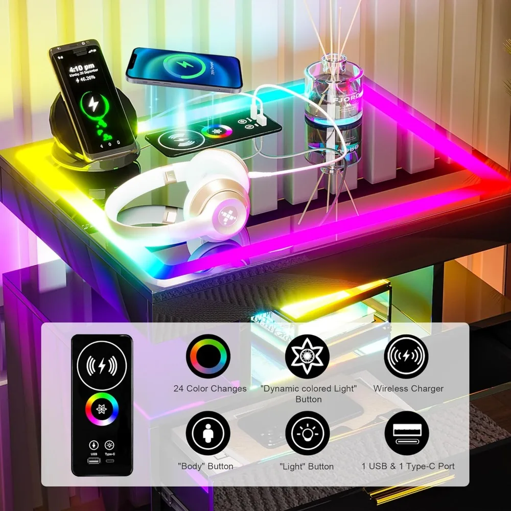 Juego de 2 mesitas de noche LED RGB, estación de carga inalámbrica y puertos USB, cajón y iluminación dinámica RGB, mesita de noche inteligente de alto brillo