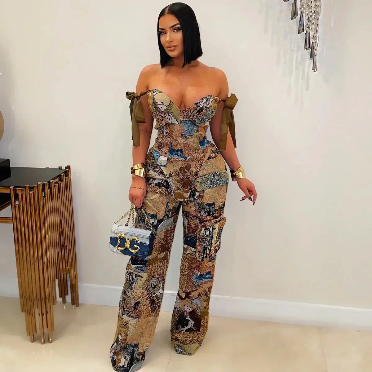 BWQ Oil Painting Printed Women's Set Lace Up Back Crop Top and Pants Suit 2024 Fall Winter Two 2 Piece Sets Outfit Tracksuit