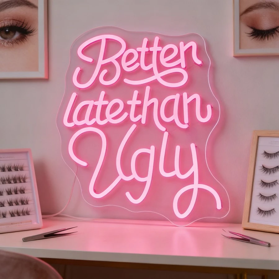 Better Late Than Ugly LED Neon Sign Pink USB Powered Dimmable Wall Art for Beauty Salon Makeup Room Vanity Decor