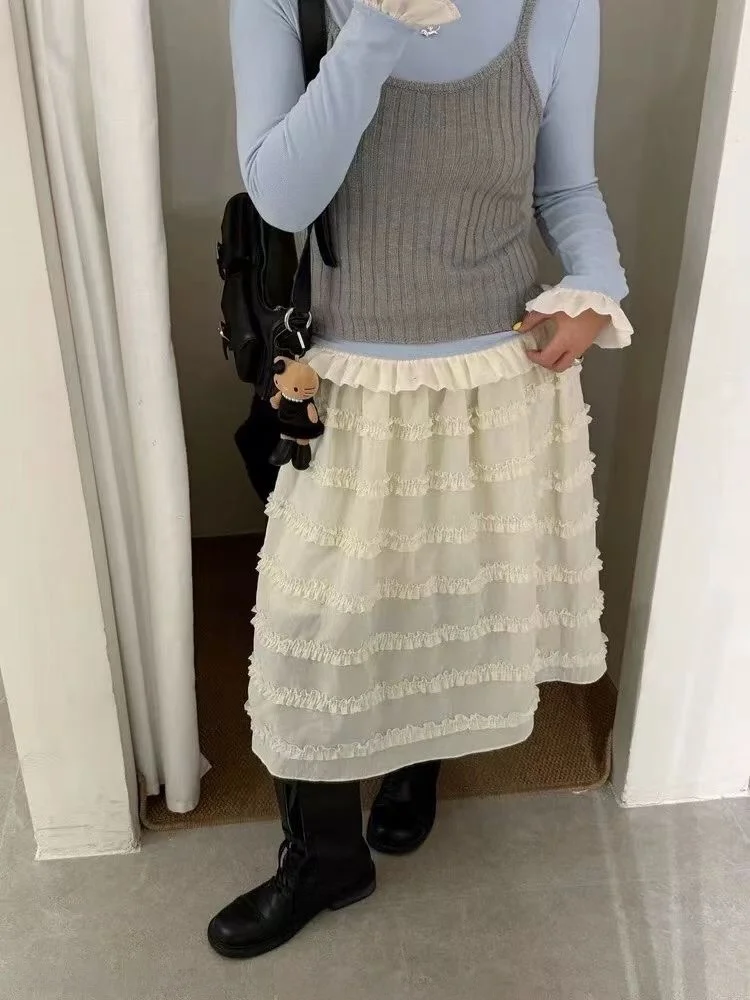 

Свободная женская юбка А-силуэта с высокой талией, плиссированная, многоярусная, с кружевом «деревянные ушки», весна 2026, повседневная, из полиэфирного волокна