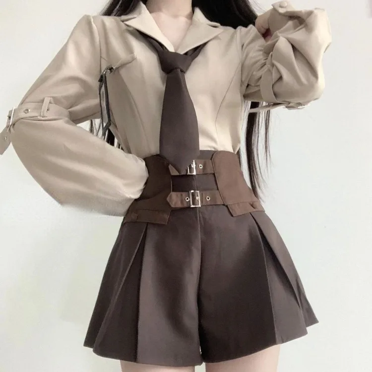 All-match Long Sleeve Notched Collar Shirts Women+ High Waist Sweet Ruched A-line Skirts 2025 Early Autumn New Two Piece Sets