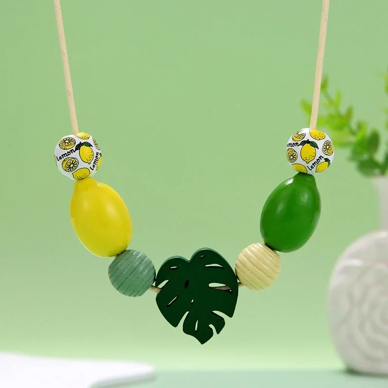 Handmade Vintage Wooden Statement Bib Necklace with Fruit Lemon Pendant for Women Party Jewelry 2