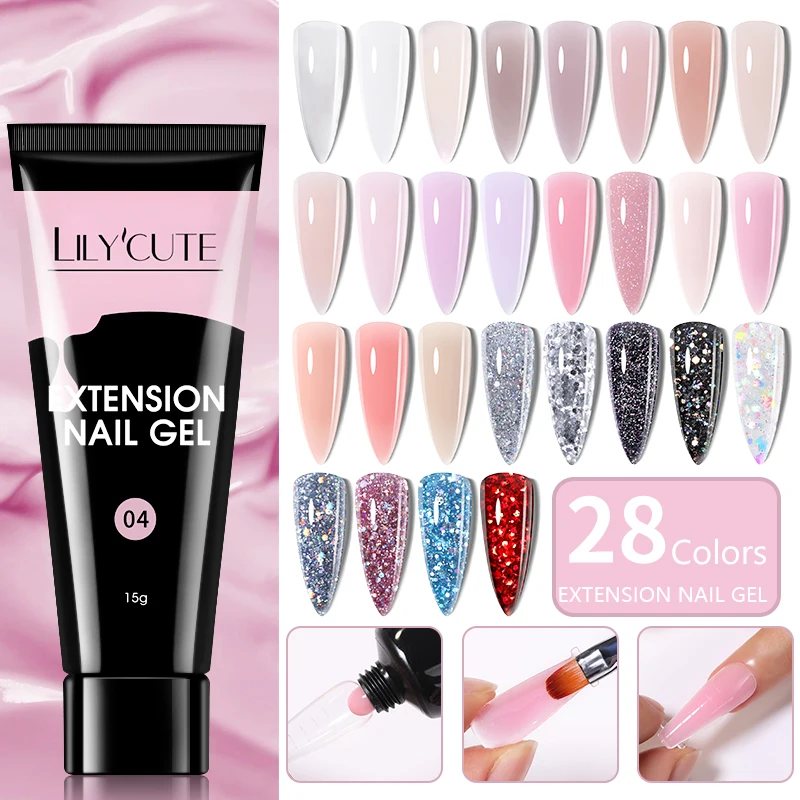 LILYCUTE Quick Extension Nail Gel Polish Clear Nude Pink Glitter Acrylic Crystal For French Nails Prolong Nail Art UV Hard Gel