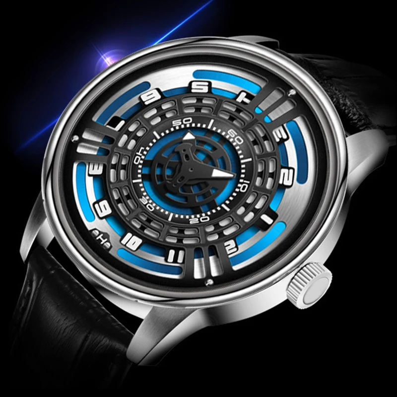 PINDU Mechanical Wristwatches Blue Hollow Dial Warp Engine Concept Leather Watch Rotating Arabic Numerals Luminous Reloj Hombre