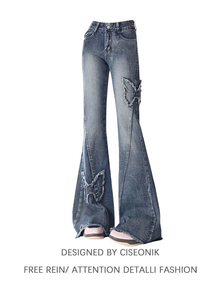 

Джинсовые брюки длиной до пола в стиле ретро с американской вышивкой и высокой талией, женские новые осенние трендовые повседневные износостойкие брюки