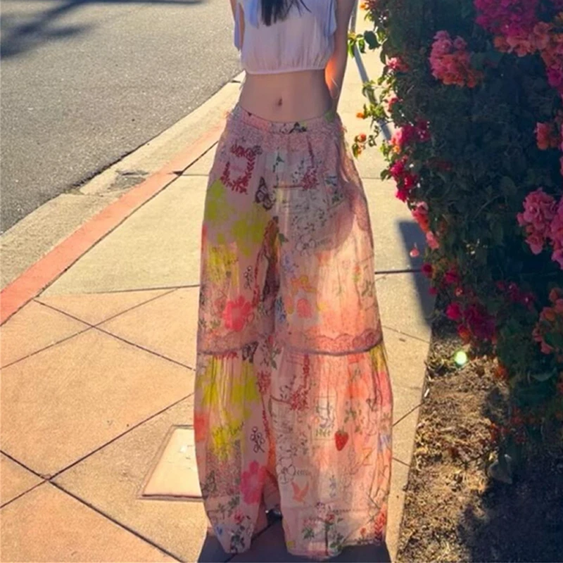 2026 New Arrival Summer Bohemian Style Women All-matched Ankle-length Pants Casual Loose Elastic Waist Print Wide Leg Pants T181